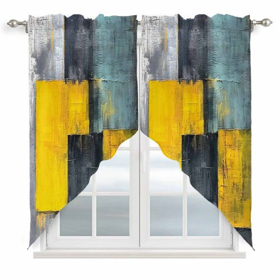 Abstract Color Block Swag Valances for Windows 2 Pack Yellow Block Gradient Black Modern Swag Kitchen Curtains 36 Inches Long Rod Pocket Short Window Treatment for Kitchen Bathroom 28"x36"