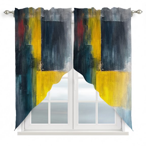 Abstract Color Block Swag Valances for Windows 36 inches Long, Yellow Block Gradient Black Swag Curtains Privacy Light Filtering Curtain Tiers for Kitchen Bathroom 28" W x 36" L, 2 Panels