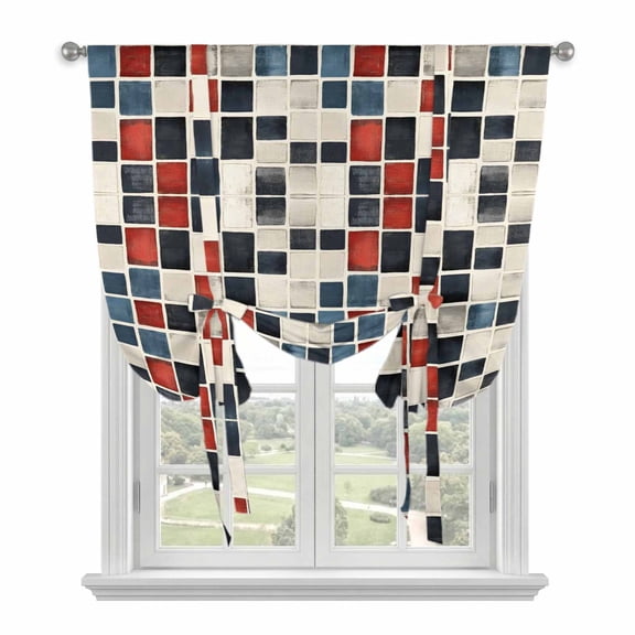 Abstract Color Block Tie Up Curtain for Window, Black White Red Geometric Art Deco Adjustable Tie Up Balloon Curtain Valances Rod Pocket Window Treatment for Kitchen Bathroom Bedroom 42"x45"