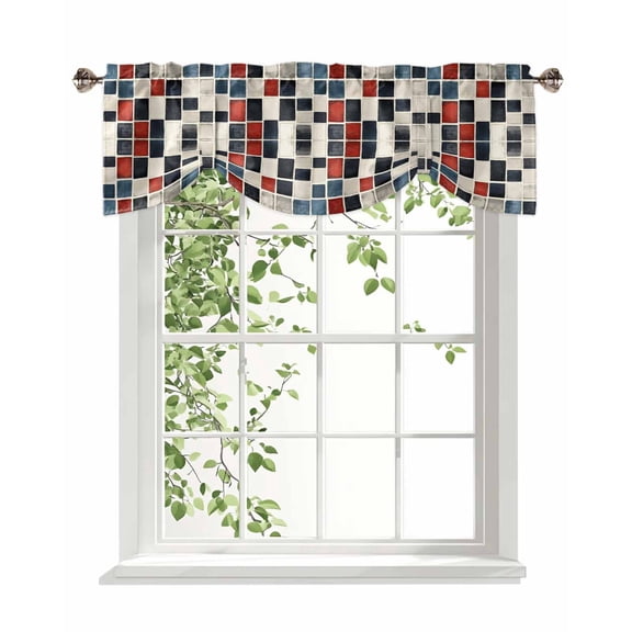 Abstract Color Block Tie Up Valances Curtain, Black White Red Geometric Art Deco Kitchen Valances for Windows Decor, Rod Pocket Short Curtains Set for Bedroom/Bathroom, 60"x18"