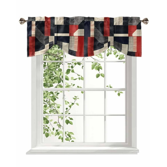 Abstract Color Block Tie Up Valances Curtain, Gray White Geometric Black Striped Kitchen Valances for Windows Decor, Rod Pocket Short Curtains Set for Bedroom/Bathroom, 42"x12"