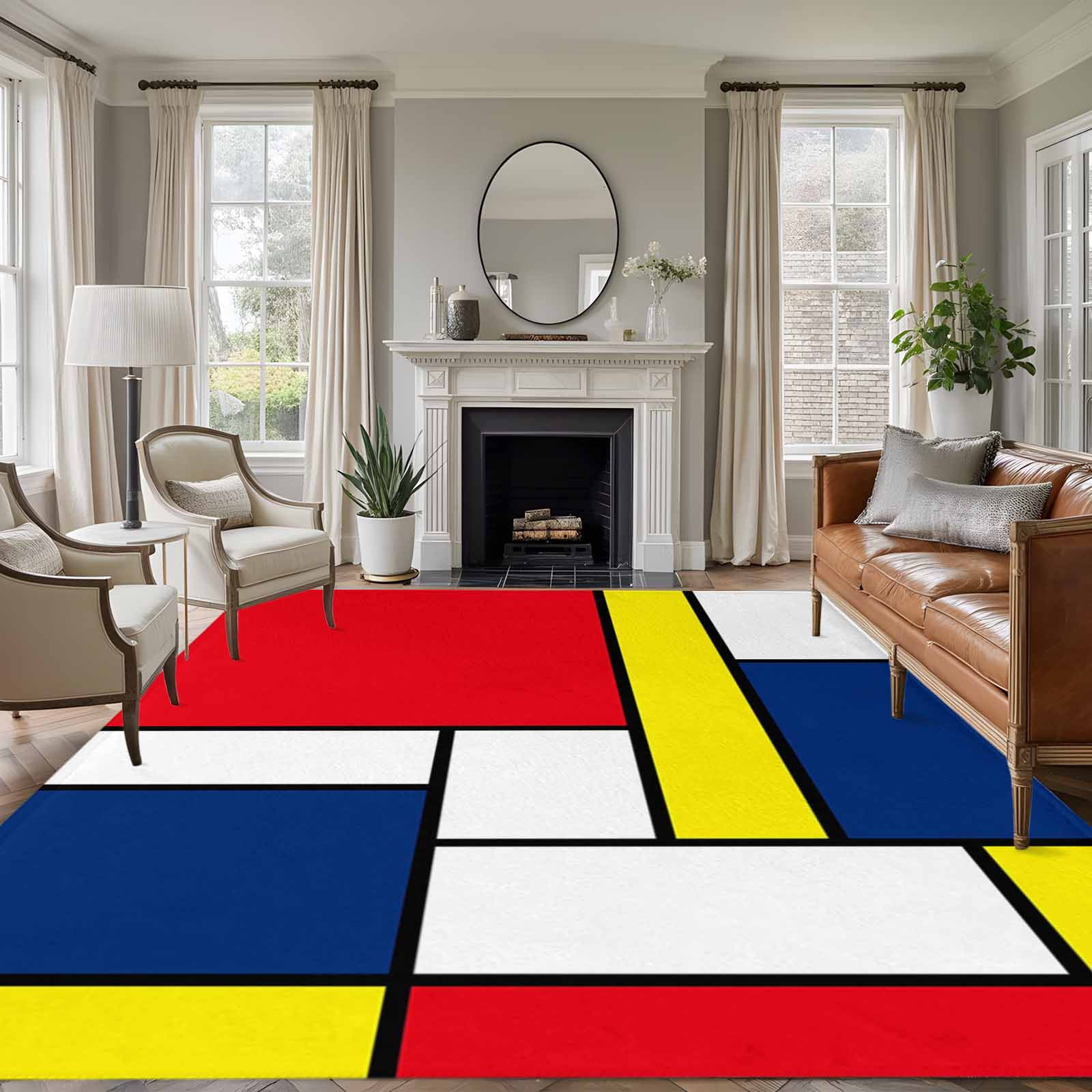 Abstract Color Block Washable Living Room Rugs 6'x9', Yellow Red Blue ...