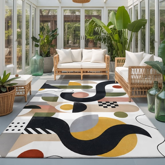 Abstract Color Block Washable Living Room Rugs 9'x12', Modern Black Pink Green Circle Arch Forms Washable Throw Large Area Rug Non-Slip Sturdy Edge Binding Carpet for Bedroom Dining Room Office