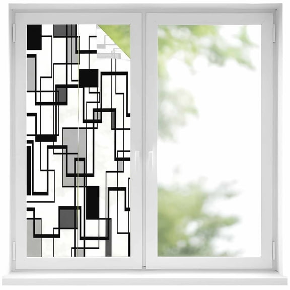 Abstract Color Block Window Privacy Film, Black Gray Rectangular Geometric Modern Frosted Glass Window Clings Static Cling UV Heat Blocking Reusable Door Sticker for Bathroom 19.6 x 39.3 Inch