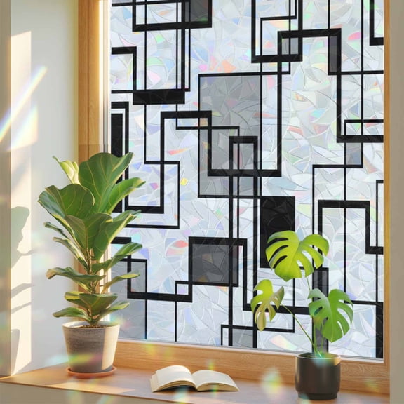 Abstract Color Block Window Privacy Film, Black Gray Rectangular Geometric Modern Stained Glass Rainbow Film Decorative Window Clings, Static Cling Sun Blocking Stickers 17.7" x 39.3"
