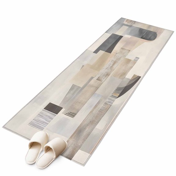 Abstract Color Blocks Area Rug 2x6ft Beige Geometric Lines Impressionist Non-Slip Washable Square Rugs Soft Felt Indoor Floor Mat for Bedroom Kitchen Living Room Bathroom