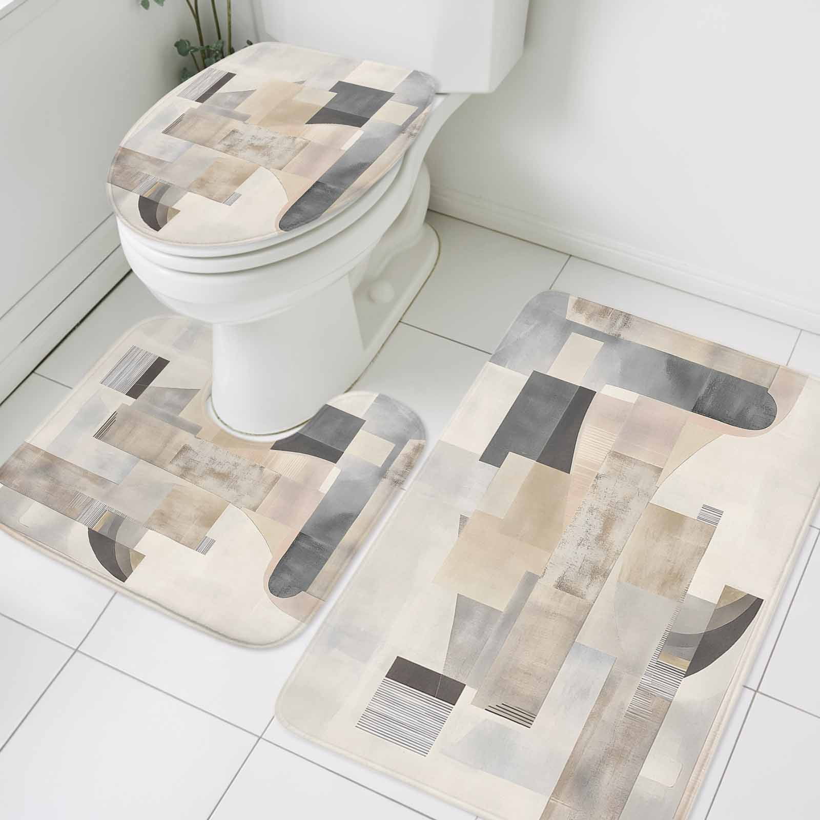 Abstract Color Blocks Bathroom Rugs Set Beige Geometric Lines ...