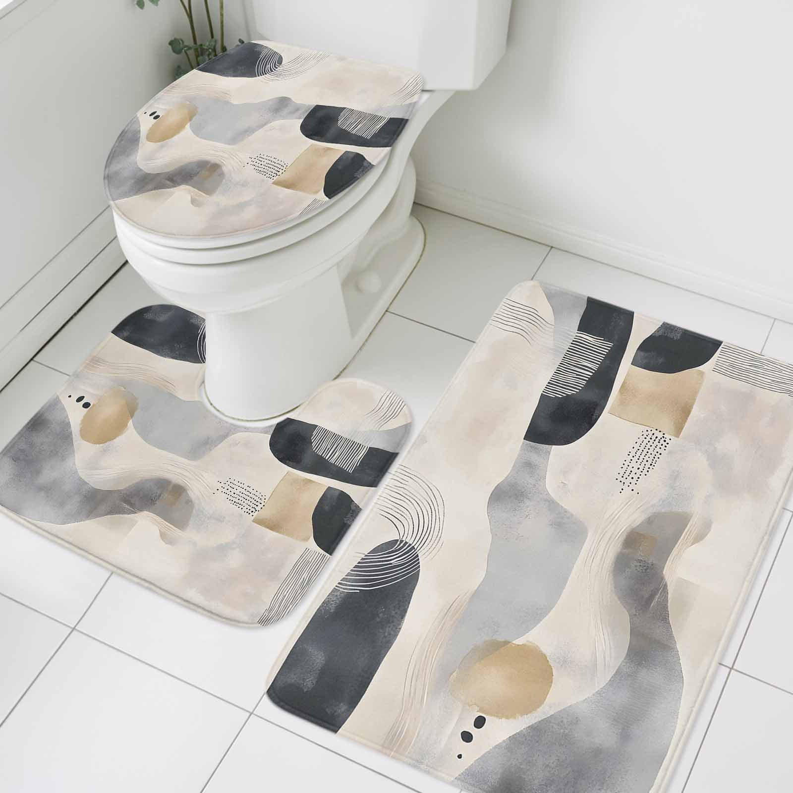Abstract Color Blocks Bathroom Rugs Set Geometric Beige Lines ...