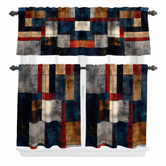 Abstract Color Blocks Curtain Valances Set Geometric Architectural Art Color Blocks Kitchen Curtains 24 inch Length Rod Pocket Valance and Tiers 3 Piece Set Small Bedroom Bathroom Laundry Decor