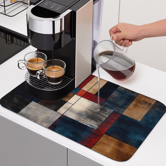 Abstract Color Blocks Dish Drying Mats for Kitchen Counter, Geometric Architectural Art Color Blocks Absorbent Coffee Bar Mat with Non-slip Rubber Backed Quick Drying Dish Rack Pad 12"x16"