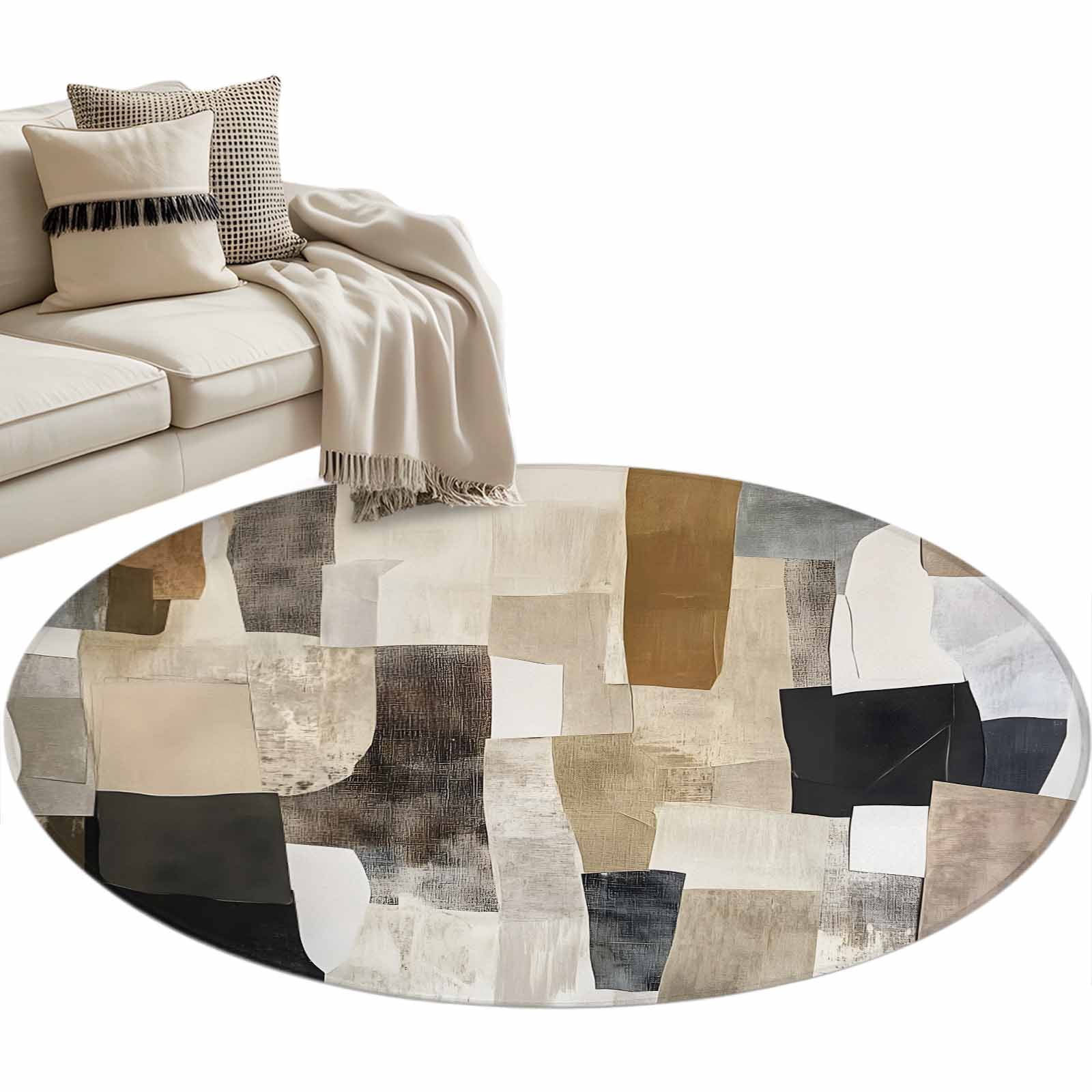 Abstract Color Blocks Round Area Rug 3.3ft Beige Brown Geometric ...