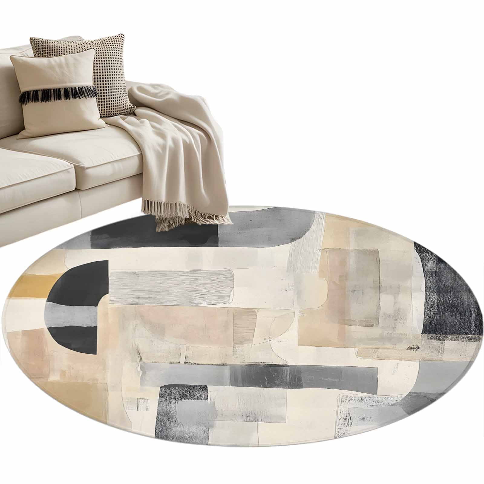 Abstract Color Blocks Round Area Rug 3ft Beige Gery Geometric ...