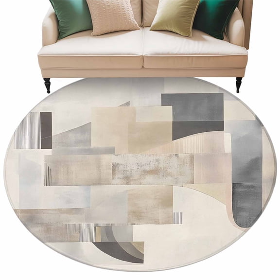 Abstract Color Blocks Round Area Rug 6ft Beige Geometric Lines Impressionist Non-Slip Washable Circle Rugs Soft Felt Indoor Floor Mat for Bedroom Kitchen Living Room Bathroom