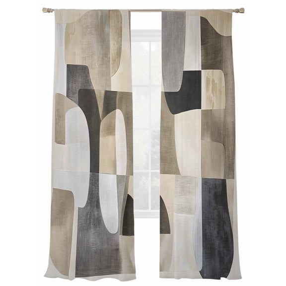 Abstract Color Blocks Sheer Curtains for Living Room Bedroom, Light-filtering Sheer Curtain, Curve Geometric Impressionist Style Rod Pocket Voile Window Treatment Drapes, 52’’Wx96’’L, 2 Panels Set