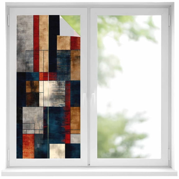 Abstract Color Blocks Window Privacy Film 17.7x39.3in Geometric Architectural Art Color Blocks Decorative Window Film with Static Cling, UV Filtering Window Cling Privacy Film for Glass Doors