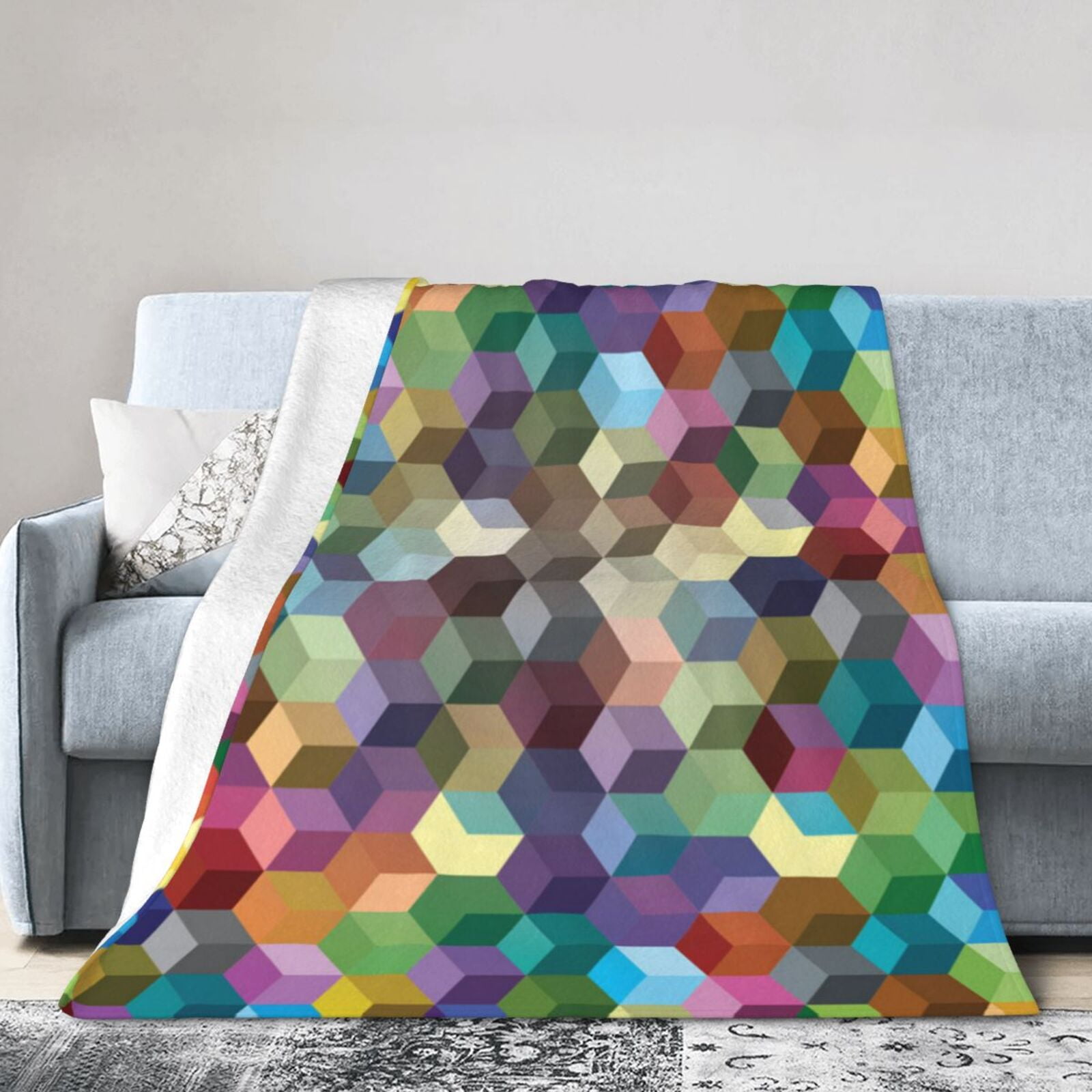 Abstract Color Cubes Purple Print Soft Throw Blanket Warm Flannel