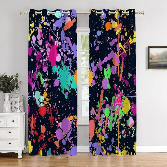 Abstract Color Dark Bedroom Curtains,Colorful Paint Splatters Art Modern Blackout Polyester Grommet Window Treatment Drapes For Living Room 26"W x 63"L (Pack of 2)