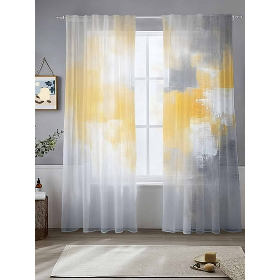 Abstract Color Graffiti Sheer Curtains 108 Inches Long 2 Panels Grey Yellow Oil Painting Style Light Filtering Semi Sheer Window Curtains Drapes for Bedroom Living Room 52"x108"