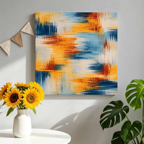 Abstract Color Patches Canvas Wall Art, Fall Blue Yellow Beige Fabric Texture Rustic Framed Canvas Wall Decor Picture Print Artwork Decorations for Living Room Office Ready to Hang 8" x 8"