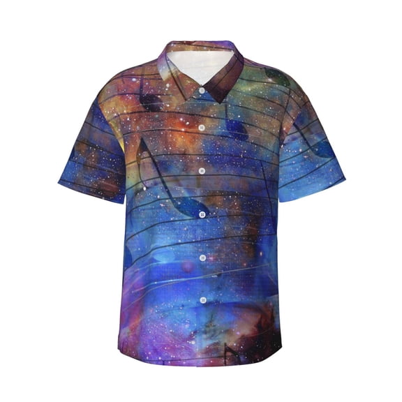 Abstract Color Space With Music Notes Men's 3d Print Casual Button Down Shirts, Novelty Hawaiian Short Sleeves S