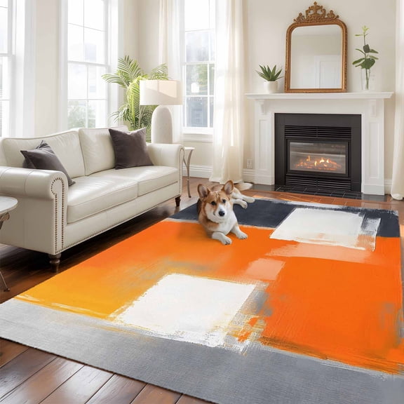 Abstract Color Stitching 5x7 Area Rugs for Living Room, Vintage Gary Orange Graffiti Non Slip Floor Mat Washable Low-Profile Indoor Carpet for Bedroom, Dining Room, Bathroom