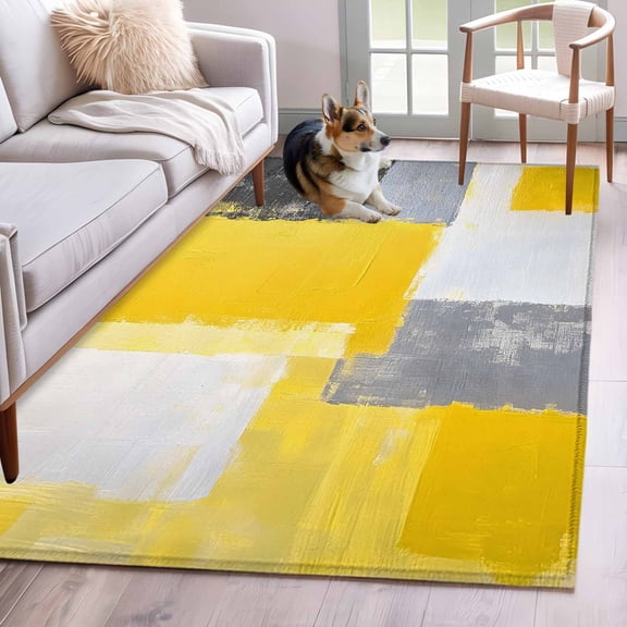 Abstract Color Stitching Area Rugs 4x6 ft Yellow Gray Wavy Pattern Washable Rug Non Slip Indoor Carpet Absorbent Floor Mat for Living Room Bedroom Dining Room