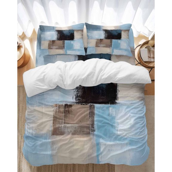 Abstract Color Stitching Bedding Duvet Cover Set King Size 4 Pieces Blue Brown Graffiti Art Bedding Set with Zipper Closure, 1 Comforter Cover 92x106 Inches 1 Flat Sheet & 2 Pillow Cases