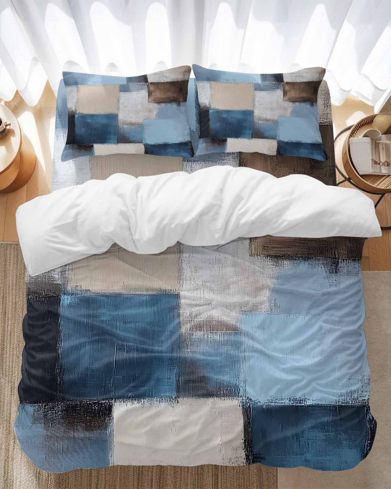 Abstract Color Stitching Bedding Duvet Cover Set King Size 4 Pieces Blue Brown Graffiti Theme Bedding Set with Zipper Closure, 1 Comforter Cover 92x106 Inches 1 Flat Sheet & 2 Pillow Cases