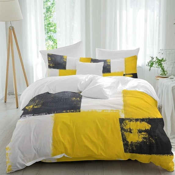 Abstract Color Stitching Duvet Cover Set King Size, Yellow Black Graffiti Theme 4 Piece Soft Microfiber Bedding Set with 1 Duvet Cover, 1 Flat Sheet, 2 Pillowcases