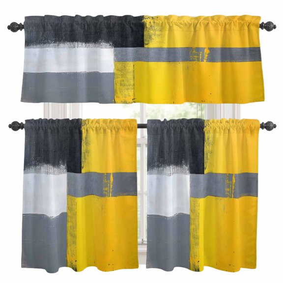 Abstract Color Stitching Kitchen Curtains Valances and Tiers Set of 3 Yellow Black Angular Design Tier Curtains and Valance with Rod Pocket for Small Windows, 27.5"x24"
