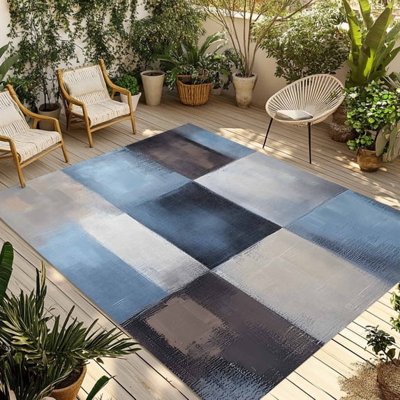 Abstract Color Stitching Outdoor Rug, Blue Brown Graffiti Non-Slip Area ...