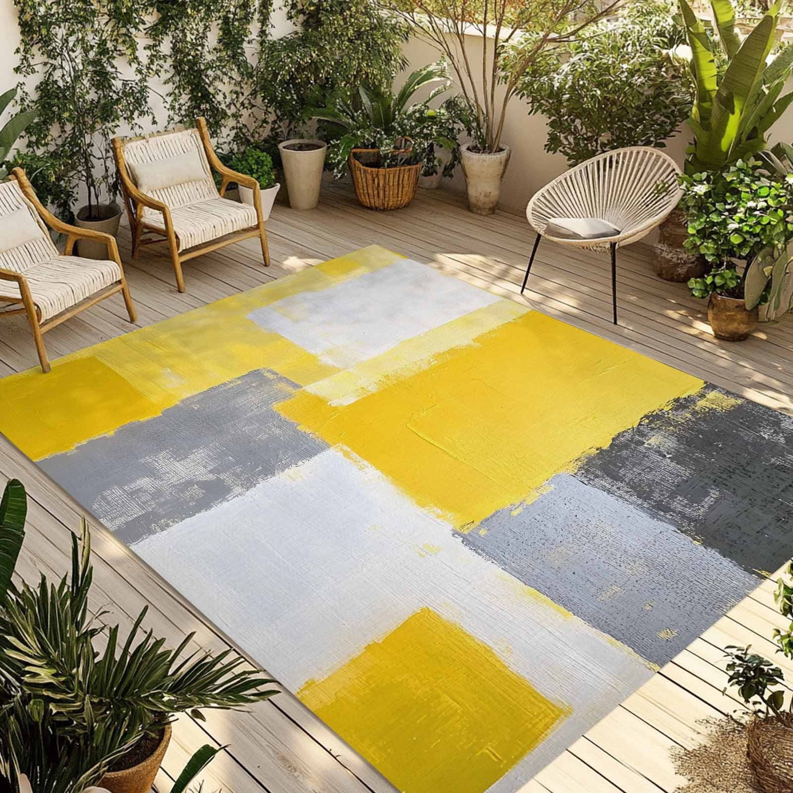 Abstract Color Stitching Outdoor Rug, Yellow Gray Wavy Pattern Non-Slip ...