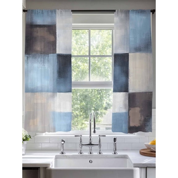 Abstract Color Stitching Sheer Curtains 72 Inches Long 2 Panels Blue Brown Graffiti Light Filtering Semi Sheer Window Curtains Drapes for Bedroom Living Room 52"x72"