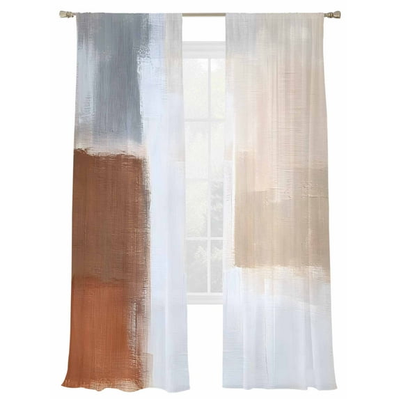 Abstract Color Stitching Sheer Curtains for Living Room Bedroom, Light-filtering Sheer Curtain, Grey Brown Graffiti Art Rod Pocket Voile Window Treatment Drapes, 52’’Wx108’’L, 2 Panels Set