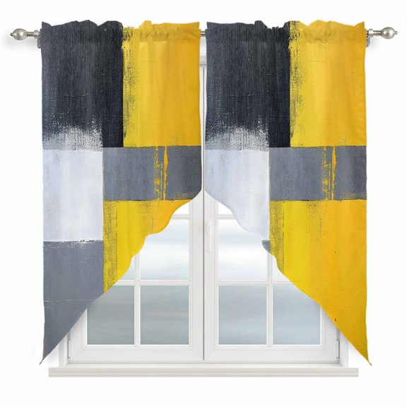 Abstract Color Stitching Swag Curtain Valance for Window 2 Panels Yellow Black Angular Design Rod Pocket Small Window Swag Valances for Kitchen Bedroom Bathroom 36" W x 63" L