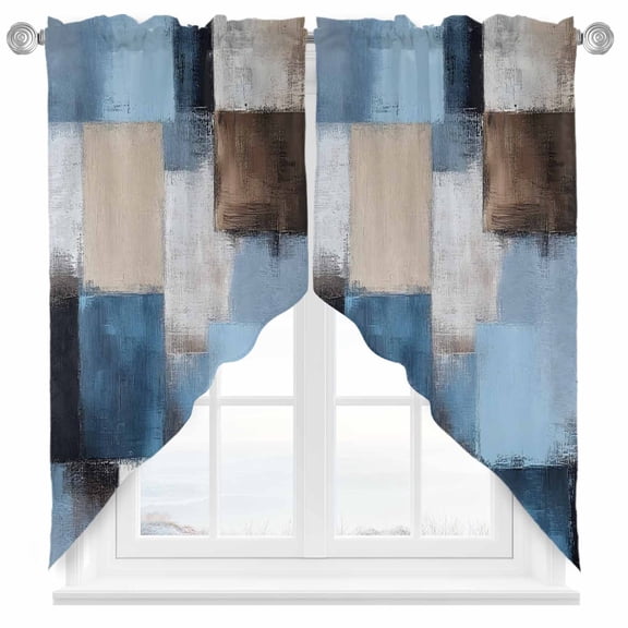 Abstract Color Stitching Swag Valances for Windows 2 Pack Blue Brown Graffiti Theme Swag Kitchen Curtains 36 Inches Long Rod Pocket Short Window Treatment for Kitchen Bathroom 36"x36"