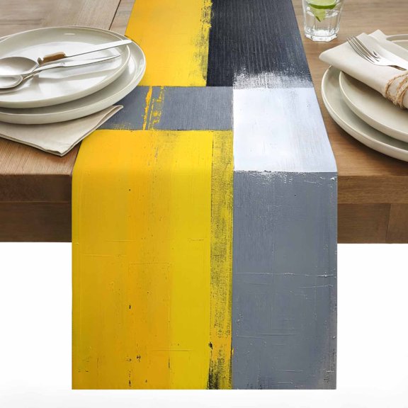 Abstract Color Stitching Table Runner 13x36 inch Yellow Black Angular Design Cotton Linen Dining Table Runner Ideal for Dresser Kitchen Coffee Tables - Machine Washable