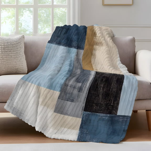 Abstract Color Stitching Throw Blanket for Couch Gary Blue Graffiti Art Soft and Warm Flannel 3D Striped Fluffy Fuzzy Fleece Blanket Lightweight Throw for Bed, Sofa 50 x 60 Inches