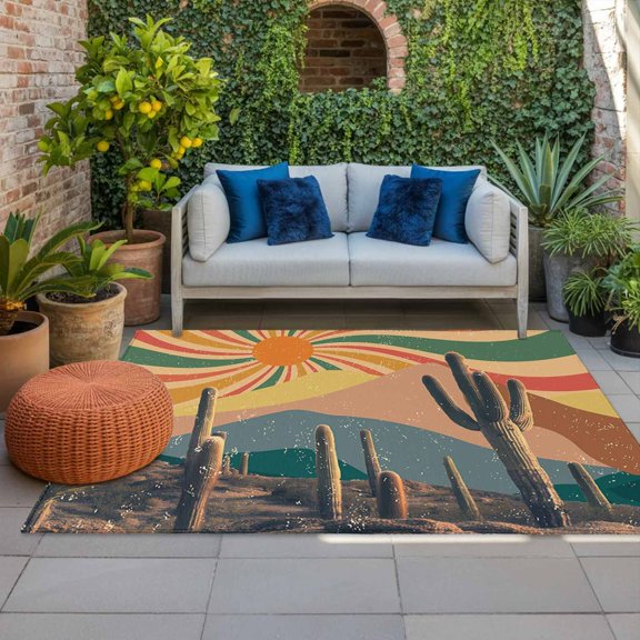Abstract Color Sun Indoor Outdoor Rugs 6x9 Ft, Cactus Mountain Desert Plant Vintage Outdoor Patio Rugs Mat Washable Outside Area Rugs Carpet for Porch Deck RV Camping Pool Balcony Backyard