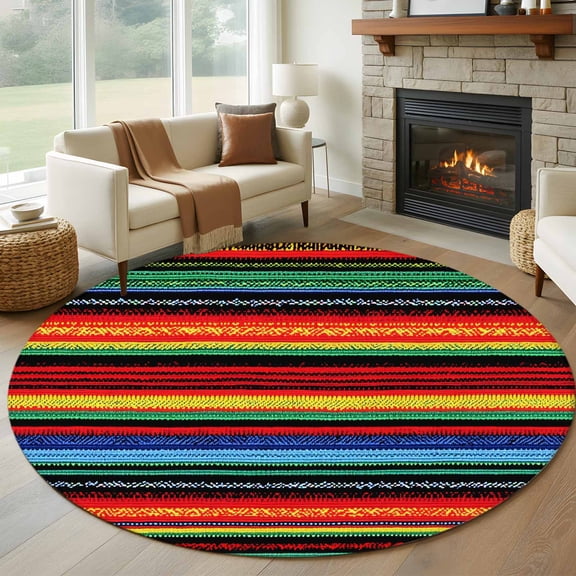 Abstract Colored 7ft Round Rug for Living Room Conversation Area, Stripes Mexico Style Modern Art Washable Non Slip Large Circle Area Rug