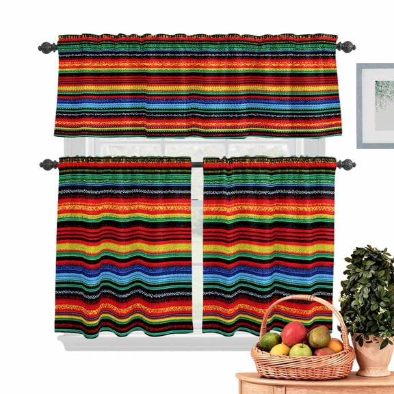 Abstract Colored Kitchen Curtains Valances 3 Piece Set, Stripes Mexico Style Modern Art Rod Pocket Tier Curtain and Valance Drapes for Small Window 36 Inch Length for Bedroom Cafe
