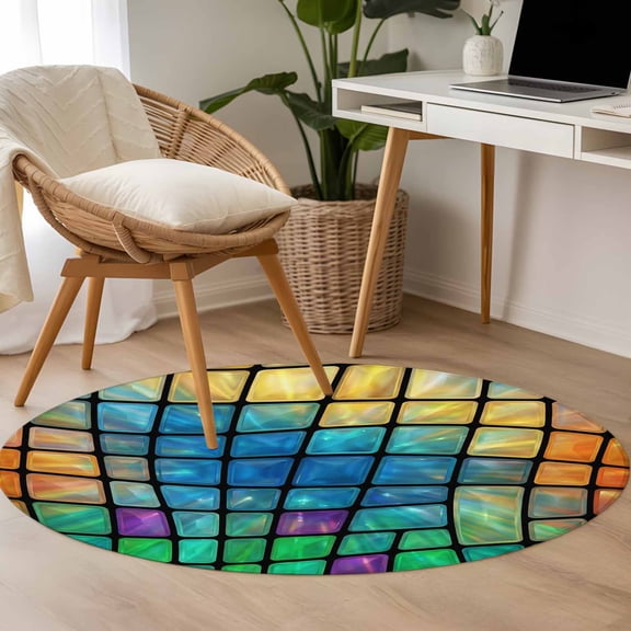 Abstract Colored Plaid 3.3ft Round Rug for Bedroom Reading Corner, Gradient Grid Gemstone Modern Futuristic Washable Non Slip Circle Area Rug