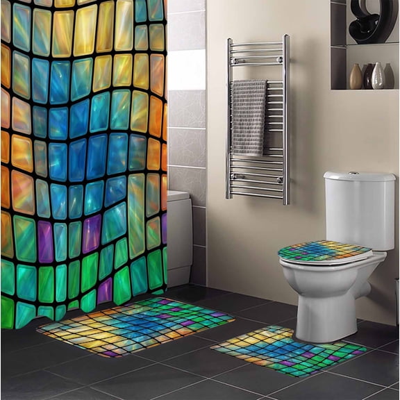 Abstract Colored Plaid 4PCS Shower Curtains Set with Toilet Lid Cover Non-Slip Rugs, Gradient Grid Gemstone Modern Futuristic Waterproof Shower Curtain Set for Bathroom with 12 Hooks 66x72 In