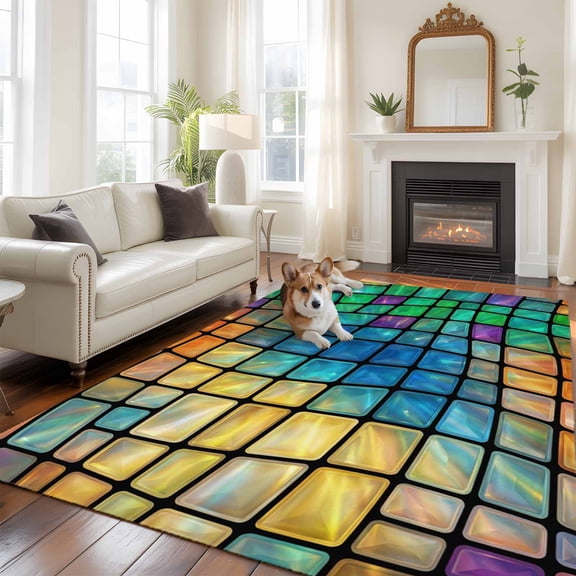 Abstract Colored Plaid 5x8 Rug for Bedroom Under Queen Bed Placement, Gradient Grid Gemstone Modern Futuristic Washable Non Slip Large Rectangle Area Rug