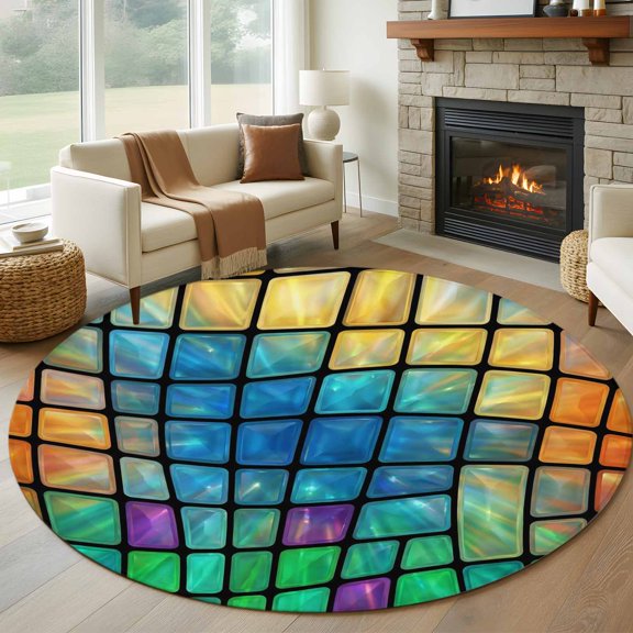 Abstract Colored Plaid 8FT Round Area Rugs for Living Room Gradient Grid Gemstone Modern Futuristic Ultra-Thin Non-Slip Round Rugs Machine Washable Low Pile Circle Carpet for Bedroom Kitchen Nursery