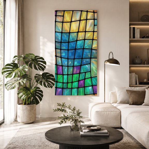 Abstract Colored Plaid Canvas Wall Art, Gradient Grid Gemstone Modern Futuristic Framed Canvas Wall Decor Picture Print Artwork Decorations for Living Room Office Ready to Hang 40" x 20"