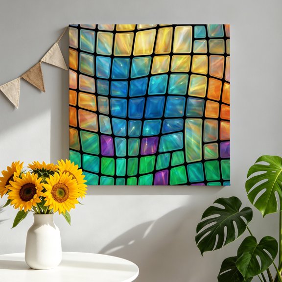 Abstract Colored Plaid Canvas Wall Art, Gradient Grid Gemstone Modern Futuristic Framed Canvas Wall Decor Picture Print Artwork Decorations for Living Room Office Ready to Hang 8" x 8"
