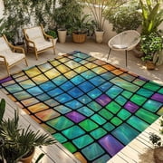Abstract Colored Plaid Outdoor Rug, Gradient Grid Gemstone Modern Futuristic Non-Slip Area Rugs Carpet Breathable Large Floor Mat for Outdoors Patio Porch Deck Beach 4  x 6