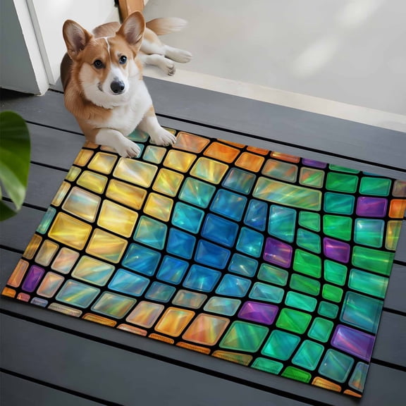 Abstract Colored Plaid Washable Entry Rug 2x3 Gradient Grid Gemstone Modern Futuristic Low Pile Indoor Door Mat with Rubber Backing Thin Area Rug for for Entrance, Bedroom, Kitchen, Laundry, Bathroom