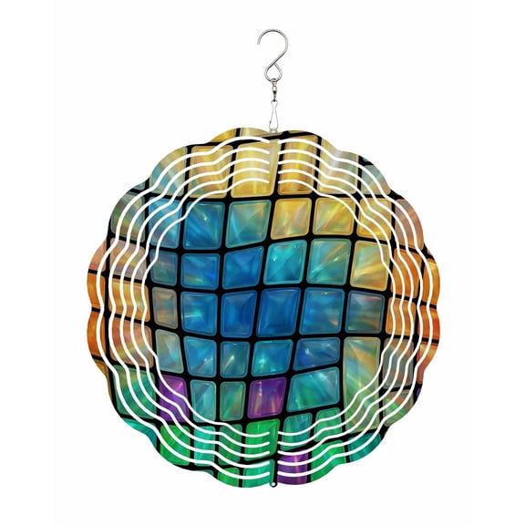 Abstract Colored Plaid Wind Spinner for Garden Yard 8In, Gradient Grid Gemstone Modern Futuristic 3D Stainless Steel Kinetic Hanging Wind Spinners Rustproof Outdoor Decor for Lawn Patio Home